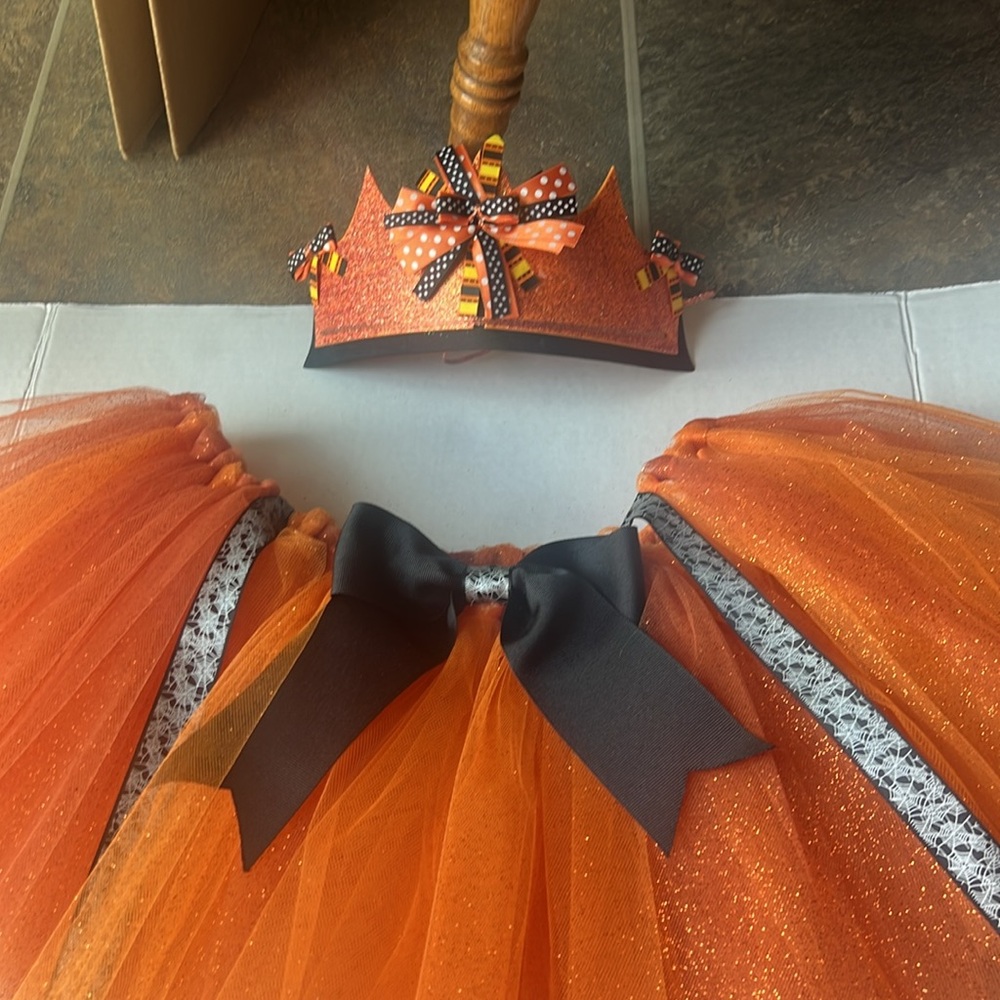 Kids Homemade Orange & Black Tutu with Tiara  Waist 14 inches, Length 13 inches